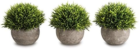 Opps Mini Artificial Plants Plastic Fake Green Grass Topiary Shrubs with Gray Pot for Home Décor – Set of 3