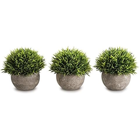 Opps Mini Artificial Plants Plastic Fake Green Grass Topiary Shrubs with Gray Pot for Home Décor – Set of 3 Cover