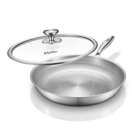 Titanium Pans for Cooking with Lid 12 Uncoated Hammered Titanium Pro Non Stick Pan PFAS Free Cookware Commercial Bakeware Induction & Oven-Safe