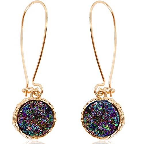 Humble Chic Simulated Druzy Threaders - Boho Glitter Upside-Down Long Hoop Dangle Drop Earrings for Women, Gold - Black Created Opal, Iridescent, Dark Navy Blue, Purple, Green, Peacock, Bohemian