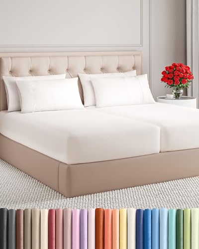 Image of Split King 7 Piece Bed Sheet Set - Breathable & Cooling - Antique White | Ultra-Soft Hotel Luxury Bedding Set w / 8-16 Inch Deep Pockets, 1 Flat & 2 Fitted Sheet & 4 Pillowcases, Wrinkle & Fade Free