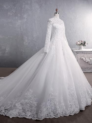 Womens Lace Wedding Dresses for Bride A Line Long Sleeve Beaded Tulle Bridal Gown with Appliques4