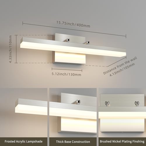 Image of Brushed Nickel Vanity Lights - Dimmable 5CCT Bathroom Lighting Fixtures Over Mirror, Adjustable Angle Wall Light, 15.75 inch Long 12W LED Bar Light