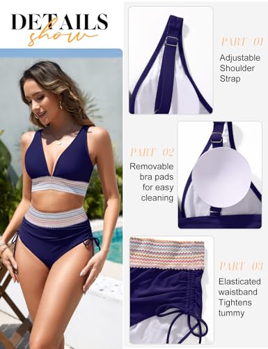 Women's Bikini Sets V Neck 2 Piece Swimsuits High Waisted Color Block Drawstring Bathing Suits Tummy Control Swimwear4