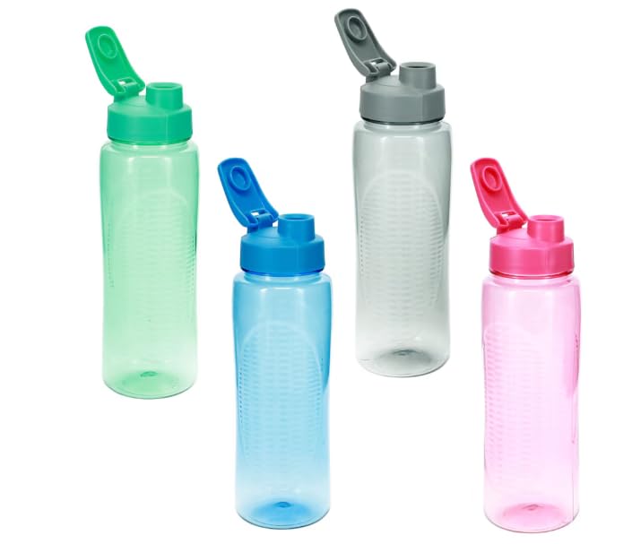 (4) Water Bottles Flip-flop Lid 24 oz BPA-Free Reusable Plastic Sports Multiple Colors Pink Blue Green Grey