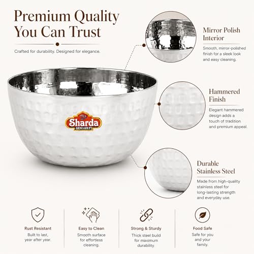 Image of Sharda Metals Hammered Stainless Steel Bowl for Curry, Dal, Halwa, Dessert, Soup, Vegetable Serving Katori Set, Mathar Bowls, Wati, Vati - Set of 6