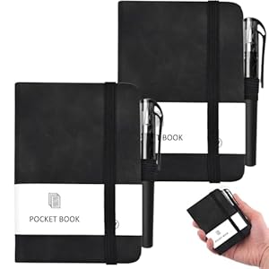 2 Pcs A7 Notebook with 2 Pens, 200 Pages Pocket Notebook with Elastic Band, Leather Cover Lined Small Notebooks Classic Ruled Mini Notepads Journal for Office School Writing Plan Memos