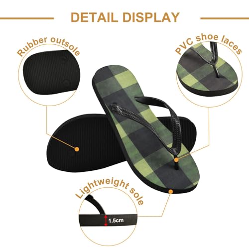 Green Black Plaid Women's Flip Flop Sandal Casual Summer Sandals, Mens Flip Flops for Beach Outdoor XS3