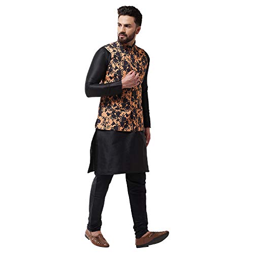 Image of SOJANYA (Since 1958 Men's Silk Blend Black Kurta Pyjama & Printed Nehrujacket Combo
