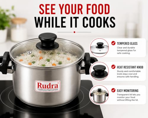 Image of RUDRA Stainless Steel Rice Cooker & Steamer with Glass Lid & Strainer Lid | Induction Base | Clip Lock Handles | Multipurpose Cooking Pot for Rice, Pasta, Vegetables, Noodles