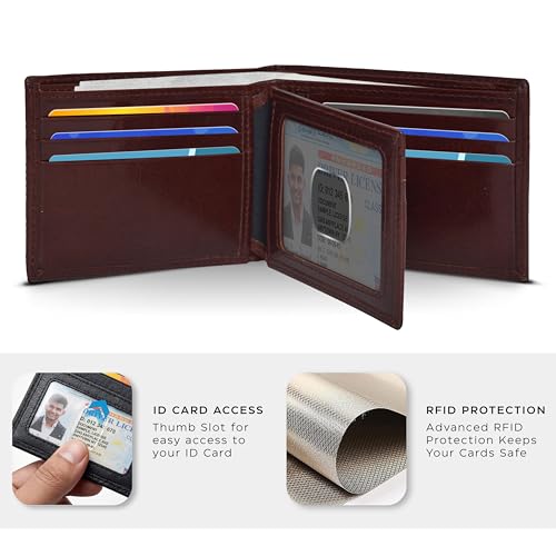 Image of Oak Leathers Leather Wallet for Men - RFID Bifold Wallets with 9 Credit Cards 1 ID Window Slim Minimalist Front Pocket Gift For Men