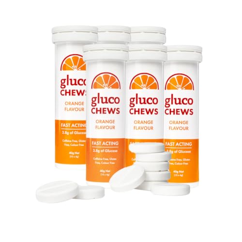 Glucochews Orange Glucose Tablets 60 Tablets (10 per Tube 6 Pocket-Sized Tubes) 3.8g Fast-Acting Glucose Each Boosts Energy & Blood Sugar Gluten-Free Fat-Free Caffeine-Free