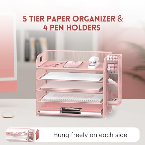 SUPEASY Organizador de mesa de 5 níveis com alça e porta-canetas removíveis, organizador de papel de
