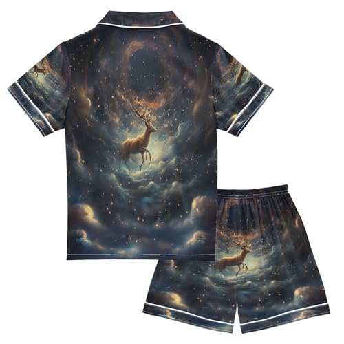 ALAZA Deer Space Universe Starry Satin Pajamas Set Short Sleeve Button Down Sleepwear Summer Pjs 2 Piece2