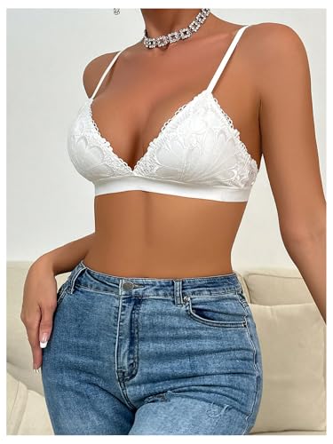 MakeMeChic Women's Triangle Padded Bralette Floral Lace Spaghetti Strap Wireless Strap Bra4