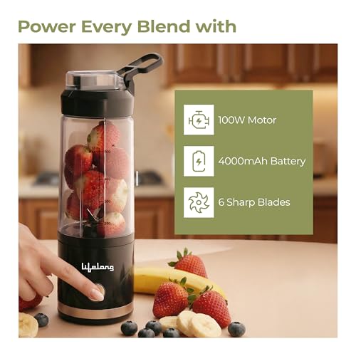 Image of Lifelong Portable Blender 650ml | Portable Juicer Mixer for Smoothies & Juice | 4000mAh USB Rechargeable | 6 Stainless Steel Blades, Durable ABS Build | Detachable Build for Easy Clean | Carry Handle