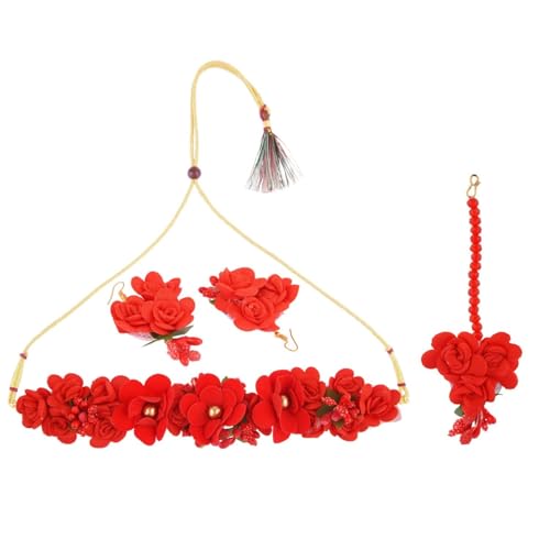Joyería india de perlas rojas con pendientes y Maang Tikka para bodas Haldi 5