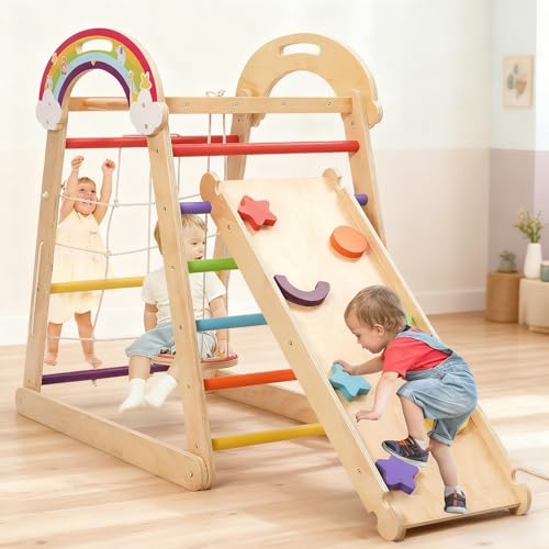 5-in-1 Montessori Wooden Climbing Frame for Toddler Adjustable Slide&Swing