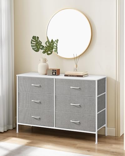SONGMICS Kommode mit 5 Schubladen, Aufbewahrungsschrank mit 6 Stoff-Schubladen, 40 x 117 x 77,5 cm, modern, weiß-hellgrau LTS833W01