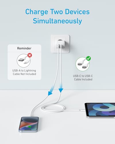 Anker snelle 20W-wandoplader met 2 poorten en USB-C-oplaad voor iPhone 15/iPhone 15 Plus/iPhone 15 Pro/iPhone 15 Pro Max/iPad en meer (inclusief USB-C-kabel van 1,5 m) - Afbeelding 3