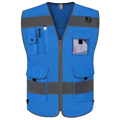 TCCFCCT Mesh Blue Safety Vest for Men 9 Pockets High Visibility Vest, L