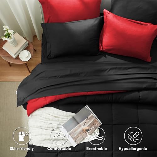 Anluoer Twin Comforter Set 5 Pieces, Black Bed in a Bag Bedding Set with 1 Comforter(68"*88"), 1 Pillow Sham, 1 Pillowcase, 1 Flat Sheet, 1 Fitted Sheet(39"*75")