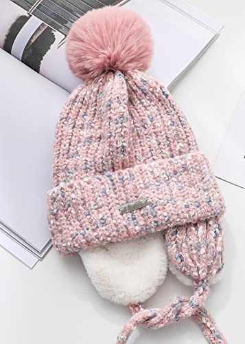 Kid Ear Flap Warmer Fleece Lined Winter Knit Beanie Hat Ski Cap Pom Pom Girl Boy2