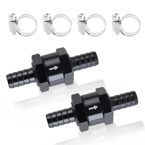 JONMON Non-Return One Way Aluminium Alloy Fuel Line Check Valve Air Oil Petrol Diesel Water for Snowmobile Motorcycle Automotive Car Truck Tractor (Black, 3/8 Inch, 2 Check Valve + 4 Hose Clamps)
