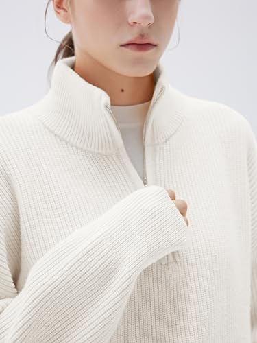 Image of SUUKSESS Women Cashmere Blend Oversized Quarter Zip Pullover Sweater Long Sleeve Collared Ribbed Knit Jumper Tops