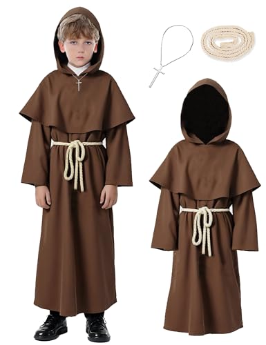 Disfraz infantil de monje medieval renacentista con capucha marrón miniatura 1