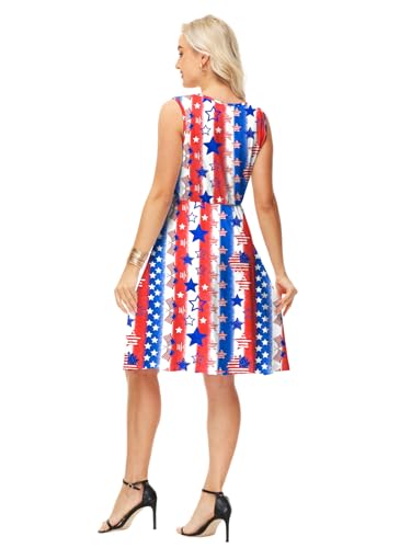 Image of Deerose 4th of July Dress for Women Sleeveless American Flag Patriotic Elastic High Waist Sundress