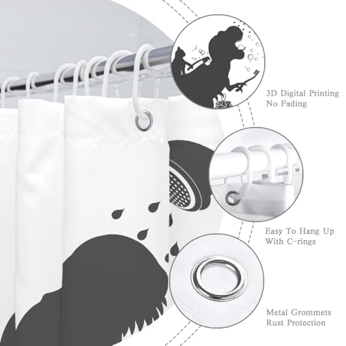 Image of Cat Dinosaur Shower Curtain Funny Cartoon Cat Dino Bathe for Kids Boys Trex Silhouette Shadow Black White Design Artwork Bathroom Decor Waterproof Fabric 72Lx72W Inch with Hooks
