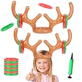 Aufblasbares Rentiergeweih-Spiel, Weihnachten Aufblasbares Ringwurfspiel, Rentier Geweih Aufblasbar, 2 Stück Aufblasbares Geweih mit 8 Ringe und 1 Luftpumpe, Kinder Wurfringen für Weihnachtsfeiern