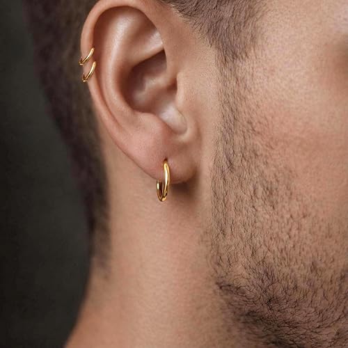 Image of Small Gold Huggie Hoop Earrings Set for Women Men Hypoallergenic 14K Plated Stack Cartilage Earrings, Sterling Silver Multiple Piercing Lightweight Mini Thin Cute Dainty Trendy Jewelry Gifts for Women