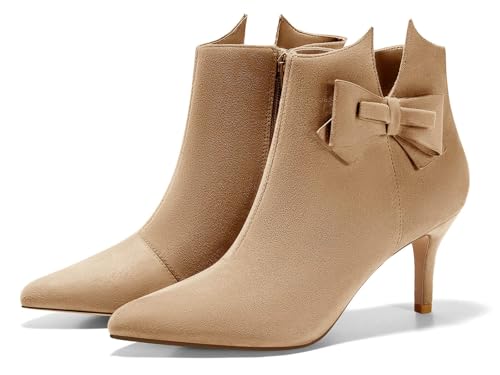 Ermonn Womens Pointed Toe Ankle Boots Stiletto Heels Side Zipper Bow Faux Suede Booties Wedding Dress Shoes