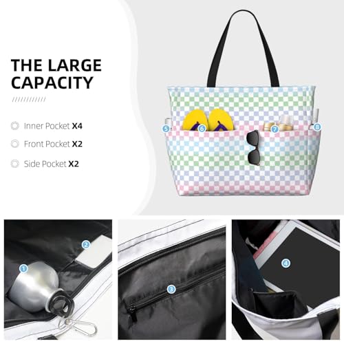 Large Beach Bags Water-resistant Sandproof - Colorful Checkerboard Cute Beach Tote Bags for Women with Zipper3