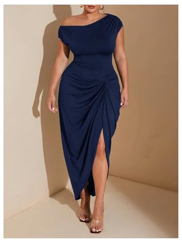 Image of Floerns Women's Plus Size Asymmetrical Neck Long Dress Ruched Slit Hem Cocktail Dress
