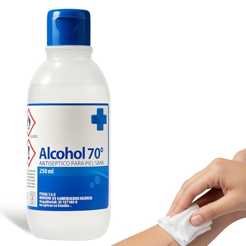 Alcohol 70º, Etanol 70, Alcohol etílico desinfectante manos antiséptico, Ethyl alcohol ethanol, Alcohol sanitario para heridas, Alcohol de farmacia, Tapón seguridad, Concentración 70º, Contiene 250 ml