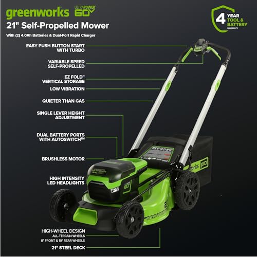 Image of Greenworks 60V 21 inch (Self-Propelled) Lawn Mower + 16 inch String Trimmer, Leaf Blower, (2) 4.0Ah + (2) 2.5Ah Batteries Batteries, Dual Port Rapid Charger, (2) Rapid Chargers