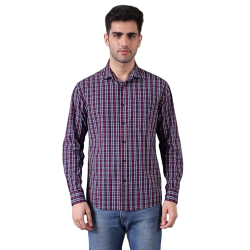Image of Urban Scottish Men's Regular Fit Cotton Checked Shirt, Long Sleeve Button Down Collared Soft Breathable Fabric, Classic Everyday Wear Casual Shirt for Mens - Navy