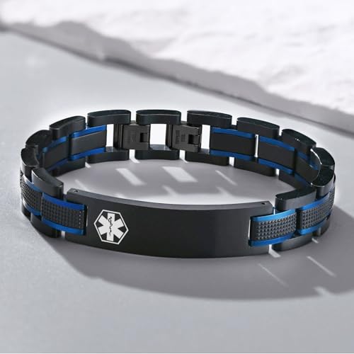 Free Custom Engraving Medical ID Bracelet 2-tone Blue Black Titanium Steel Heavy Masculine Elaborate Men's Medical Alert Bracelet Wristband Jewelry for Dad Customizable & Waterproof4