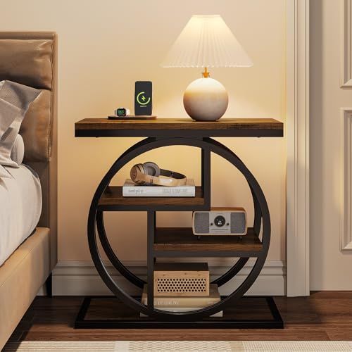 Image of Tribesigns End Table for Living Room, 4-Tier Narrow Side Table with Storage Shelves, Industrial Bedside Table for Bedroom, Wood Small Sofa Side Table with Geometric Metal Frame (1 PC, Rustic Brown)