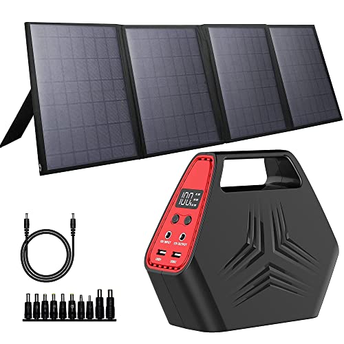 100W Portable Solar Generator, 40W Foldable Solar Charger with USB & 12-15V DC output, A Super Travel Portable Battery Pack / Power Station for HP, Notebooks, Mac Book, Laptops, Cell Phones