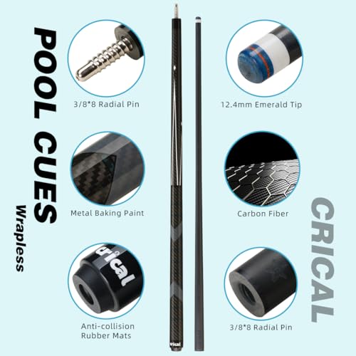 CRICAL CL-01 Carbon Fiber Pool Cue Stick Low Deflection 12.4mm Tip 3 * 8/8 Joint Pin Professional Taper Billard