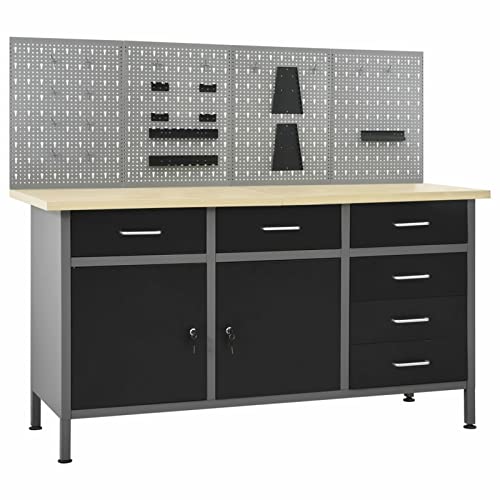 Festnight Banco de Trabajo con Cuatro Paneles de Pared, 6 Cajones, 2 Estantes, 1 Compartimento y Patas Ajustable, Banco Trabajo Taller de Acero, Mesa Trabajo Banco Herramienta