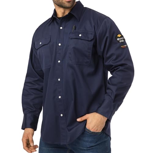 418wkLflizL. SL500 JKSafety 7oz FR Shirts for Men Women NFPA 70E 2112 ARC 2 Flame Resistant Welding Shirts Fire Retardant Button Up Shirt FR Clothing FRC Long Sleeve Safety Workwear (100R1-Navy L)