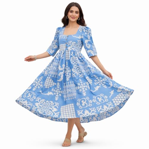 Image of Women's Light Blue Cotton Midi Dress - Square Neck Buttoned Frock - Geometric Print Casual A-Line Dress