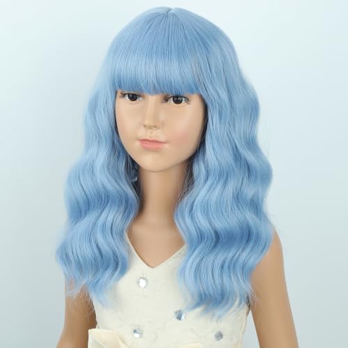 Image of Girls Lake Blue Wig with Air Bangs Kids Short blue Wavy Curly Wigs Synthetic Cosplay Hair for Halloween