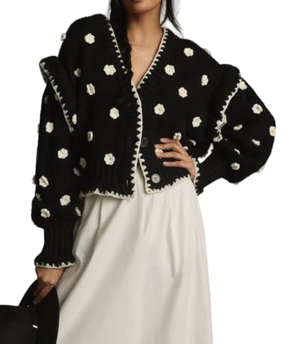 EZAPINE Womens Floral Cardigan Sweater Chunky Knit...