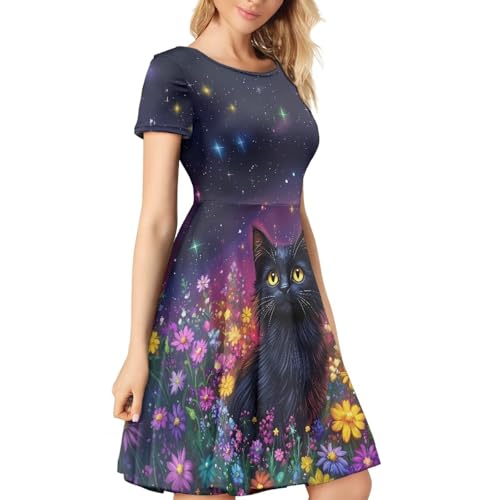 Image of HUGS IDEA Womens Puffy Swing Midi Dress Round Neck Short Sleeve Party A-Line Dresses